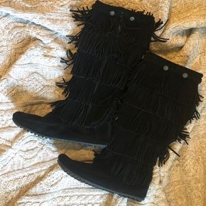Minnetonka tall, black, fringe, suede boots